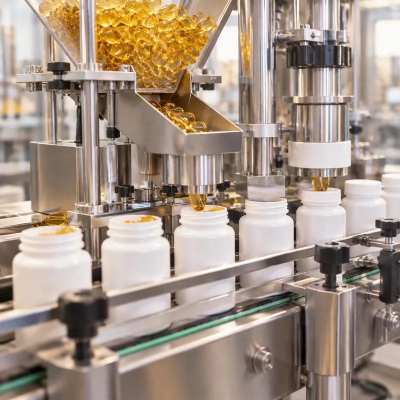 Softgel counting and capping machine filling white supplement bottles