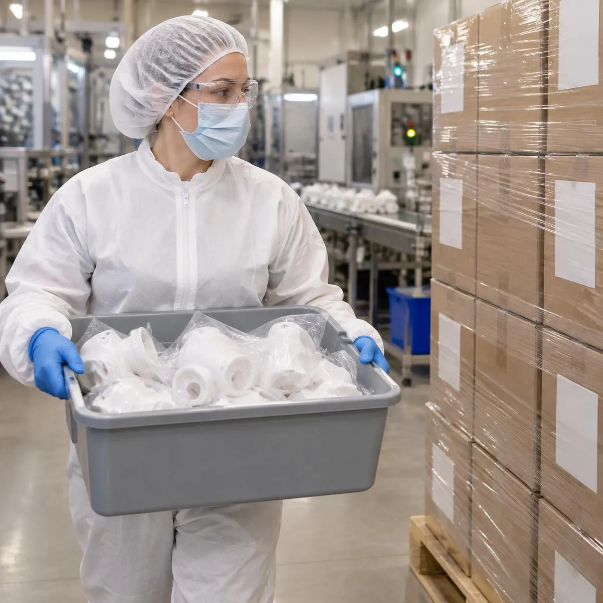 Operator in hair cover, coverall, face mask, safety glasses and blue gloves carrying a tray of bagged moulded components past packed pallets
