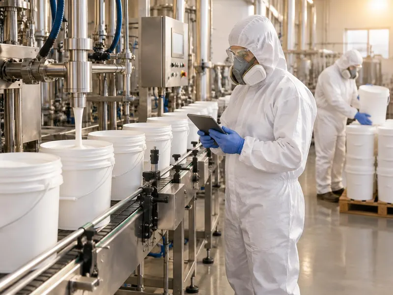 Pail filling line with plain white pails, operator in hood, respirator, goggles and gloves checking a tablet, colleague stacking pails