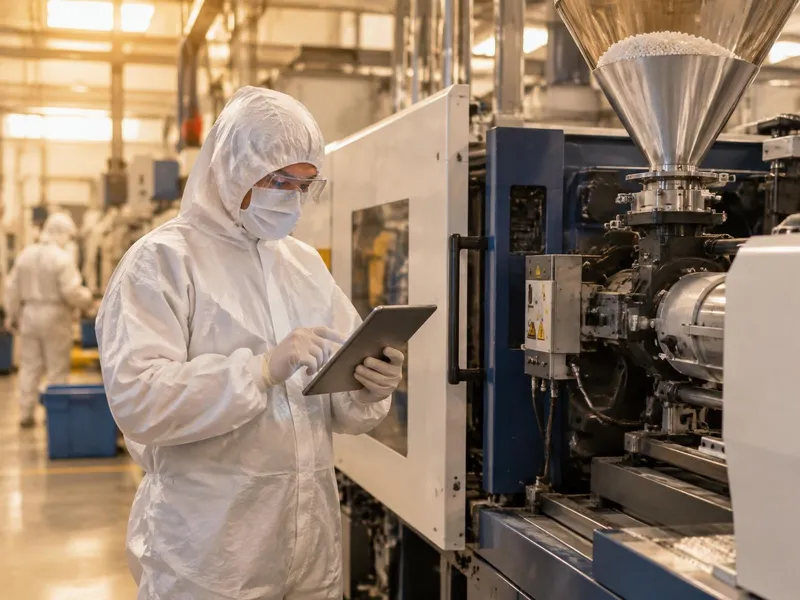 Operator in hooded coverall, mask, glasses and gloves using a tablet beside an injection moulding machine