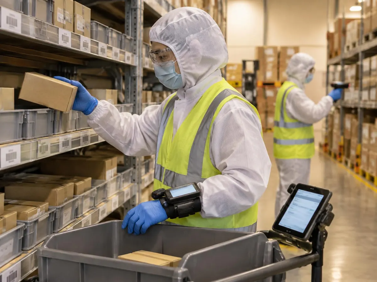 Warehouse picker in hood, coverall, high-visibility vest, mask, safety glasses and blue gloves taking a carton from a shelf with a wrist scanner