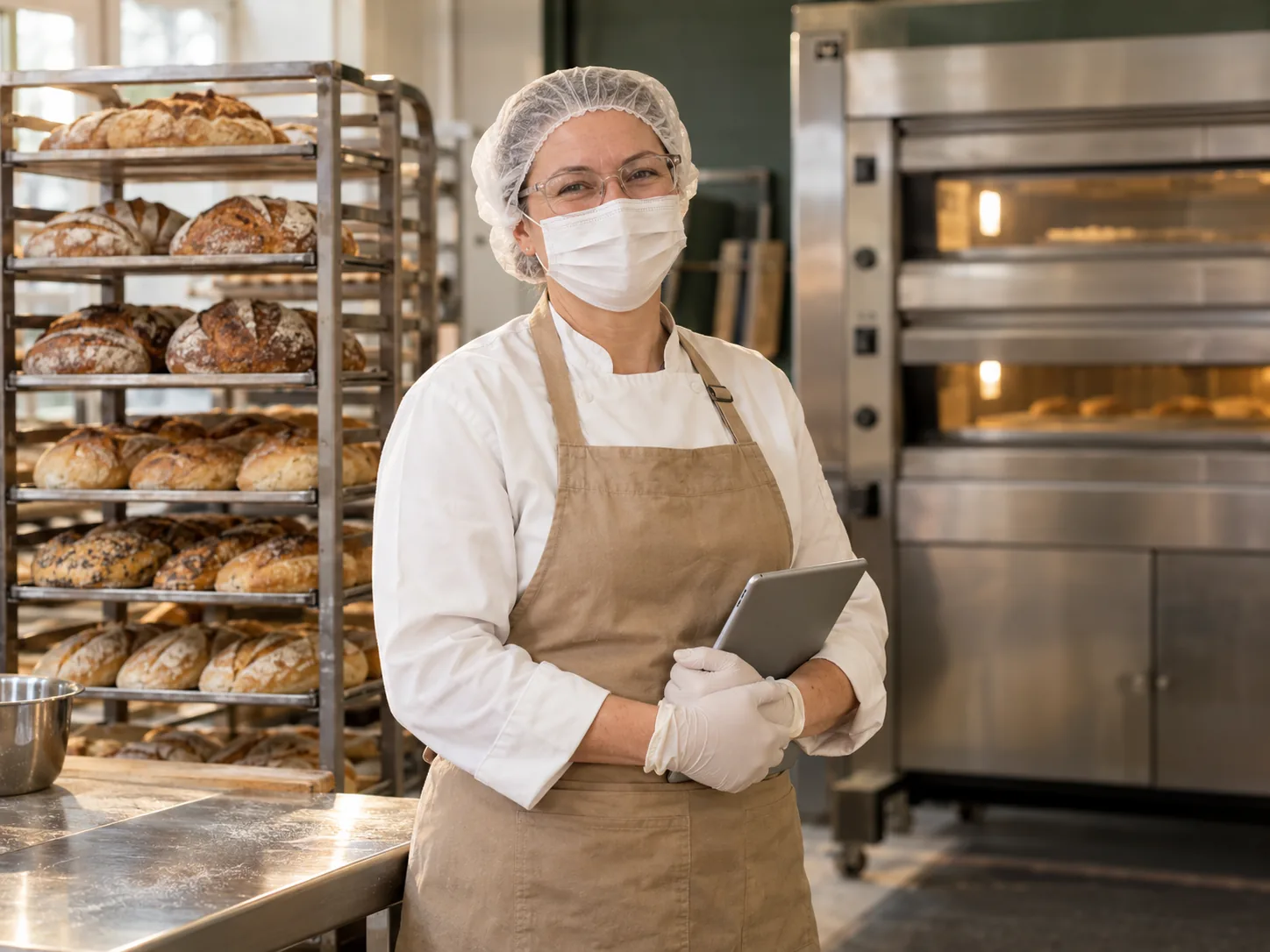 Baker in protective clothing, hairnet, mask, glasses and gloves, standing beside bread racks and ovens