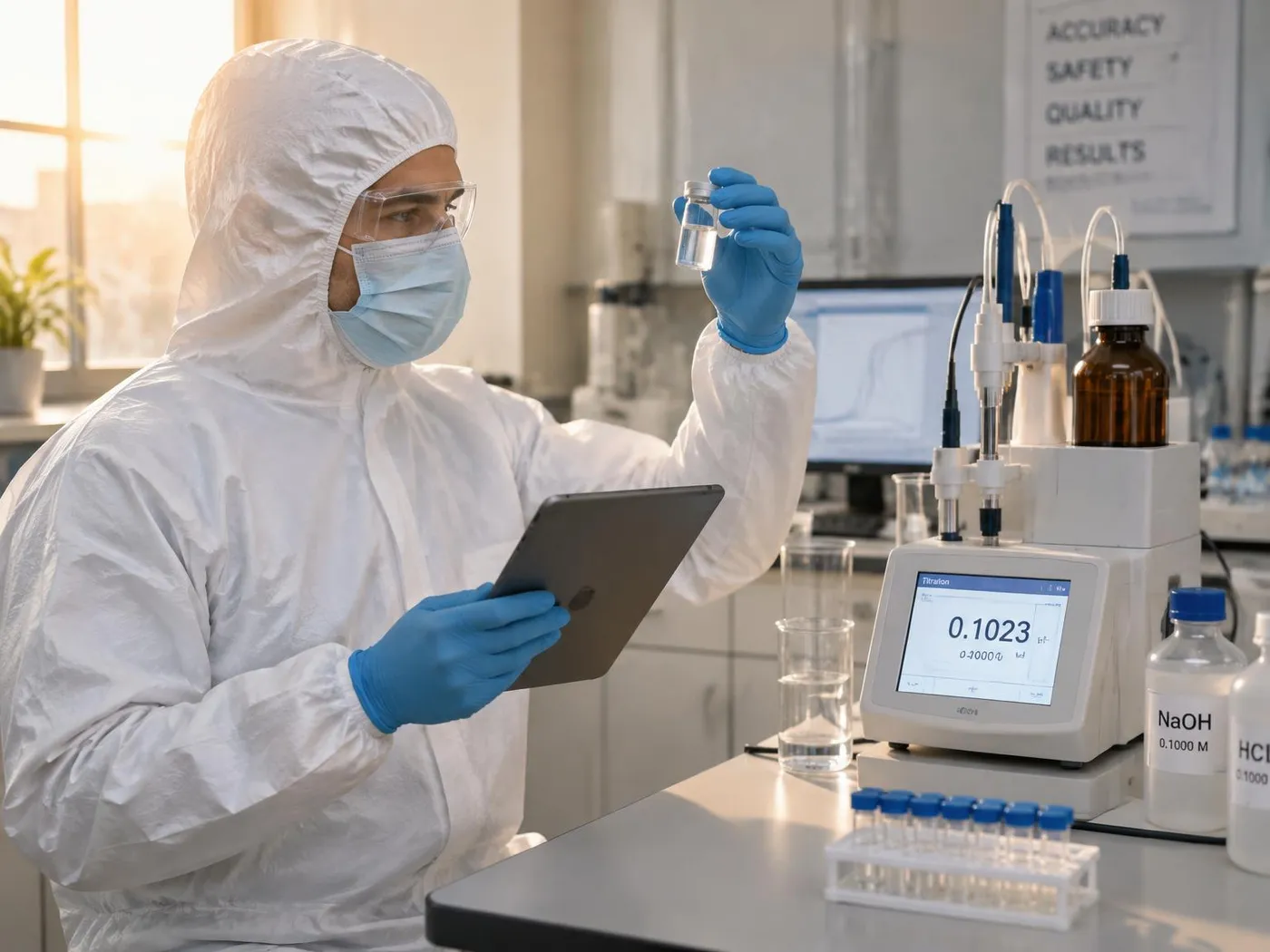 Laboratory analyst in hooded white coverall, mask, safety glasses and blue gloves holding up a small vial while reading a tablet beside a titrator and reagent bottles