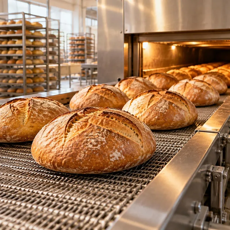 Golden crusty loaves leaving a tunnel oven on a moving conveyor