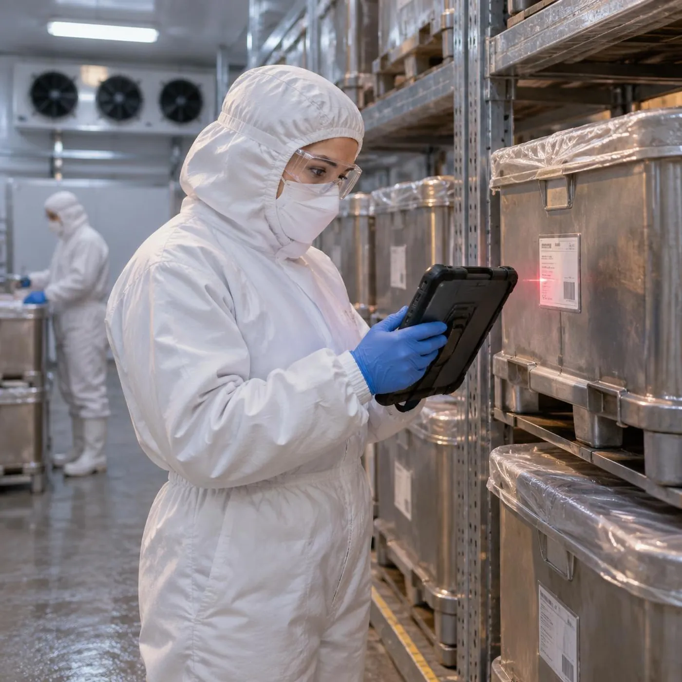 Protected meat-plant colleague scanning a storage bin with a tablet