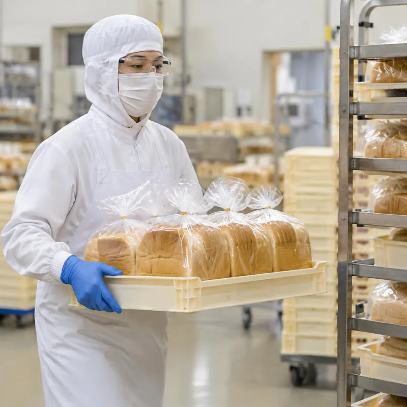 Bakery worker in hood, mask, clear glasses, white coat and gloves carrying a tray of bagged loaves to a dispatch rack