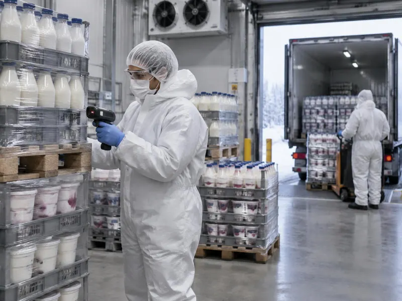 Chilled dispatch dock with pallets of milk bottles and yogurt pots, worker in hooded coverall, mask, glasses and gloves scanning a pallet