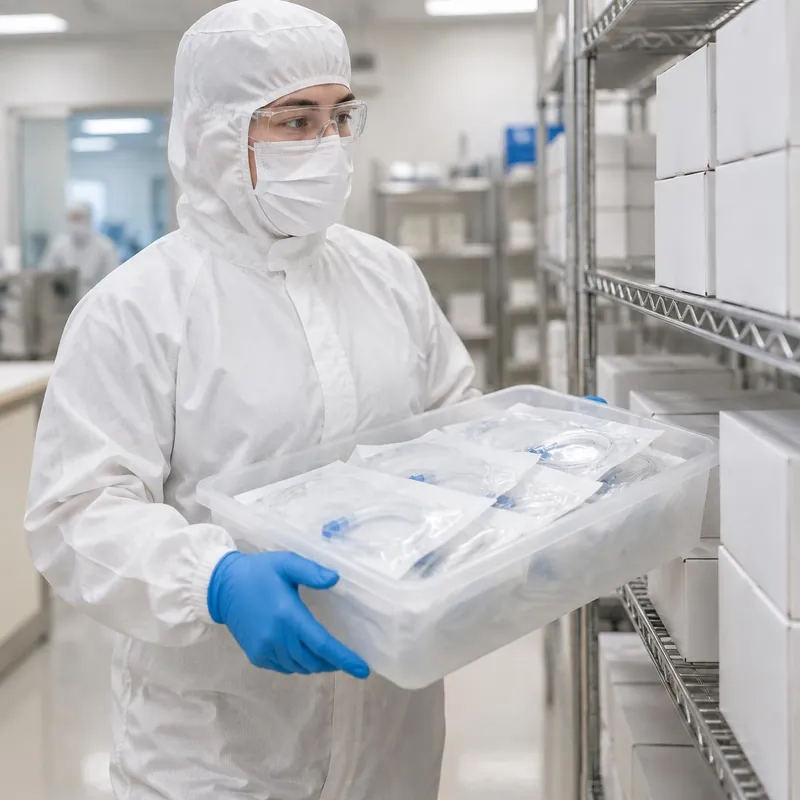 Technician in hooded cleanroom coverall, mask, glasses and gloves carrying a tray of sealed sterile device pouches
