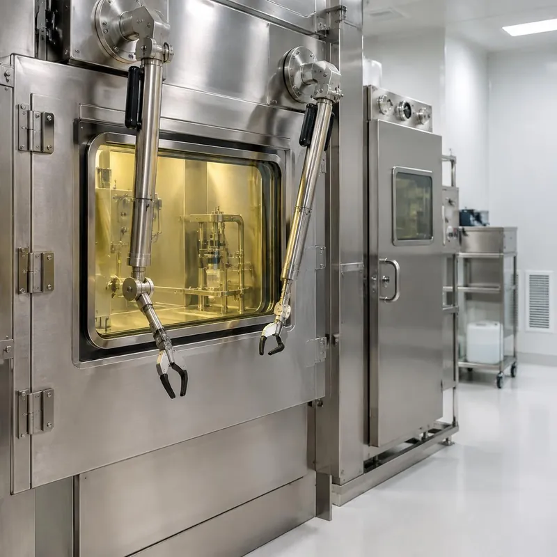 Closed stainless shielded hot cell with lead-glass window and remote manipulator arms