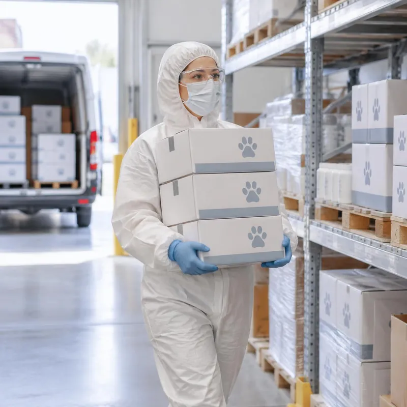 Operator in hood, mask, glasses, coverall and gloves carrying sealed veterinary medicine cartons to dispatch