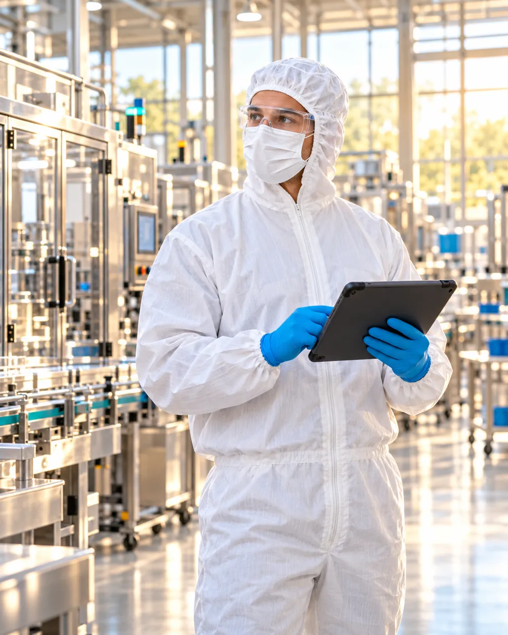 Two colleagues in hoods, masks, glasses and gloves talking beside a filling machine