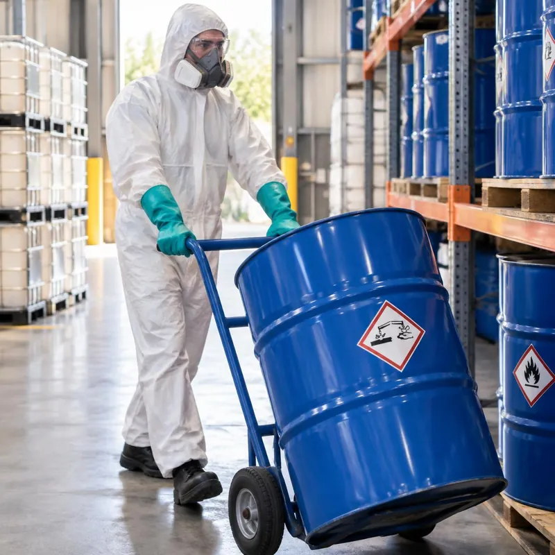 Operator in hooded chemical coverall, respirator, goggles and chemical gloves moving a sealed labelled drum on a trolley