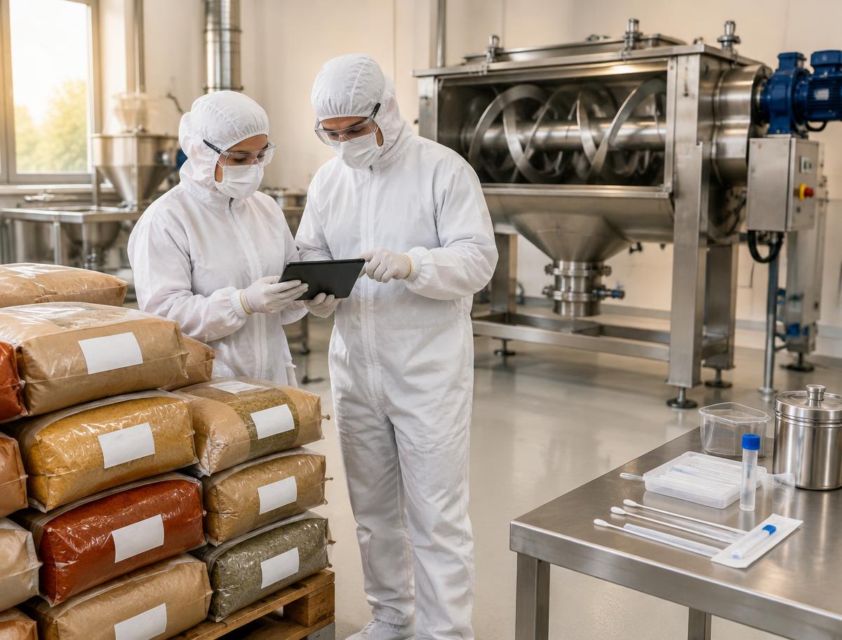 Two protected food colleagues review spice-lot evidence beside a blender and swab supplies