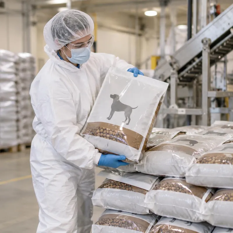 Worker in hair cover, mask, glasses, coverall and gloves stacking sealed pet food bags on a pallet
