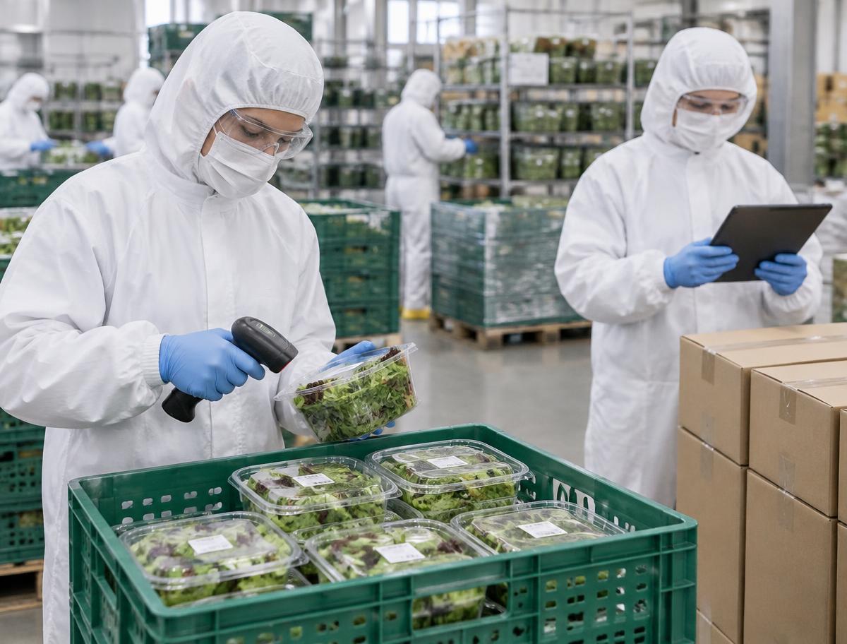 Food packing colleagues in hoods, masks, glasses and gloves scanning a deli-salad tub lot label and checking a tablet beside shipping cartons