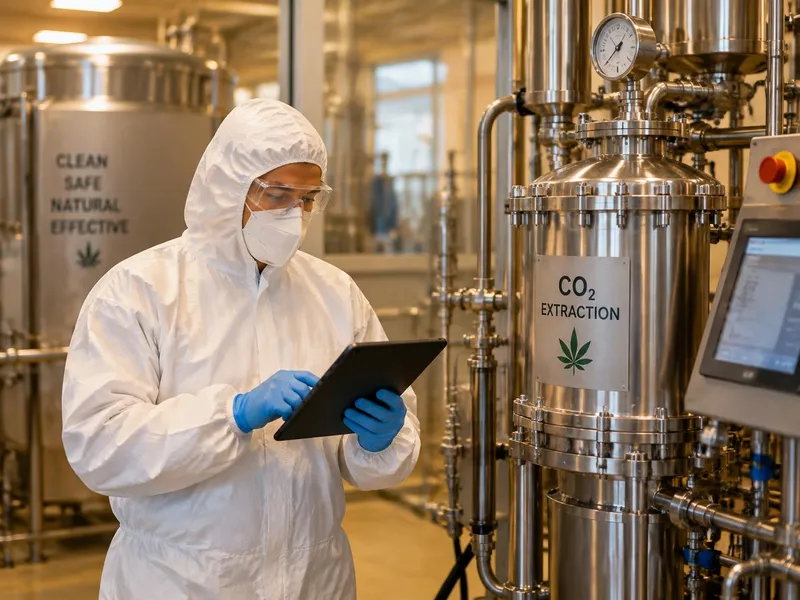 Operator in hooded coverall, mask, glasses and gloves using a tablet beside stainless extraction equipment