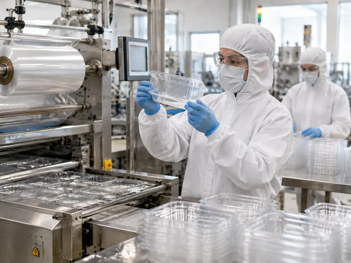 Operator in hood, coverall, mask, safety glasses and blue gloves inspecting a clear thermoformed tray beside the forming line