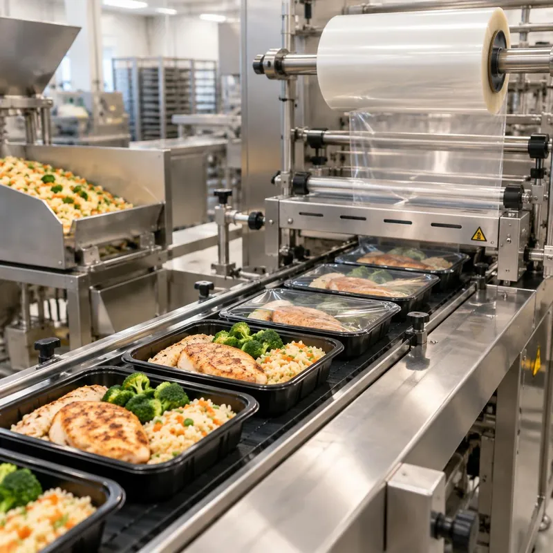 Ready-meal trays being filled and film-sealed on a tray sealing line