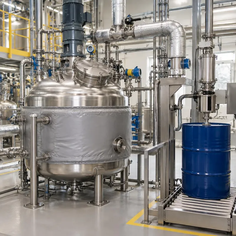 Closed jacketed reactor with transfer piping and a drum filling station