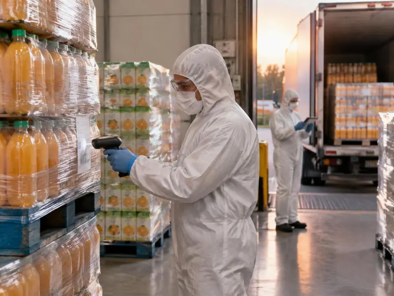 Dispatch dock with pallets of bottled drinks and cartons, worker in hooded coverall, mask, glasses and gloves scanning a pallet label