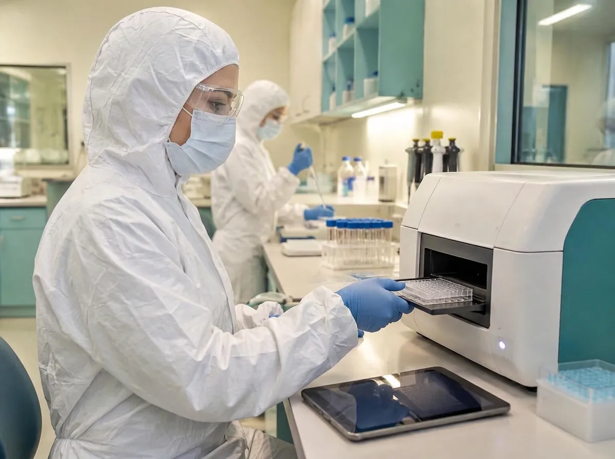 Laboratory analyst in hood, coverall, mask, safety glasses and blue gloves loading a sample plate into an instrument; colleague behind in matching protective gear