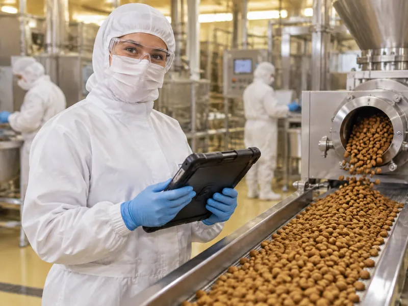 Operator in hooded coverall, mask, glasses and gloves holding a tablet beside an extruder producing kibble