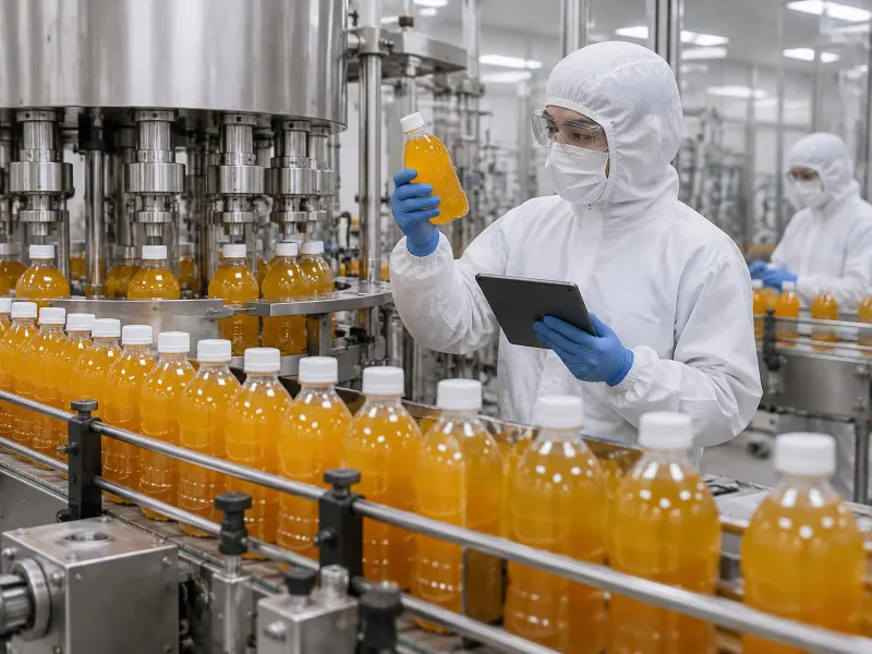 Bottling line with filled juice drink bottles, operator in hood, mask, glasses and gloves inspecting a bottle with a tablet