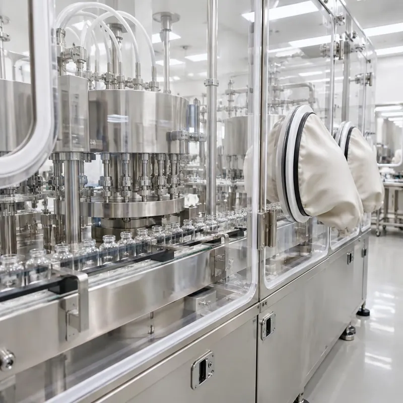 Enclosed vial filling machine behind isolator panels with glove ports