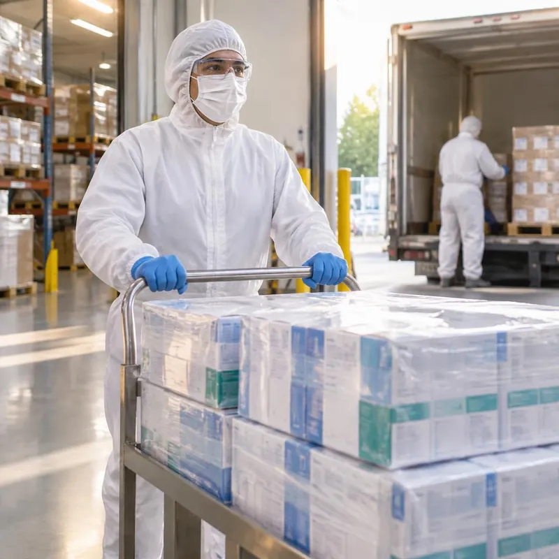 Operator in hood, mask, glasses, coverall and gloves pushing a trolley of sealed medicine cartons to dispatch