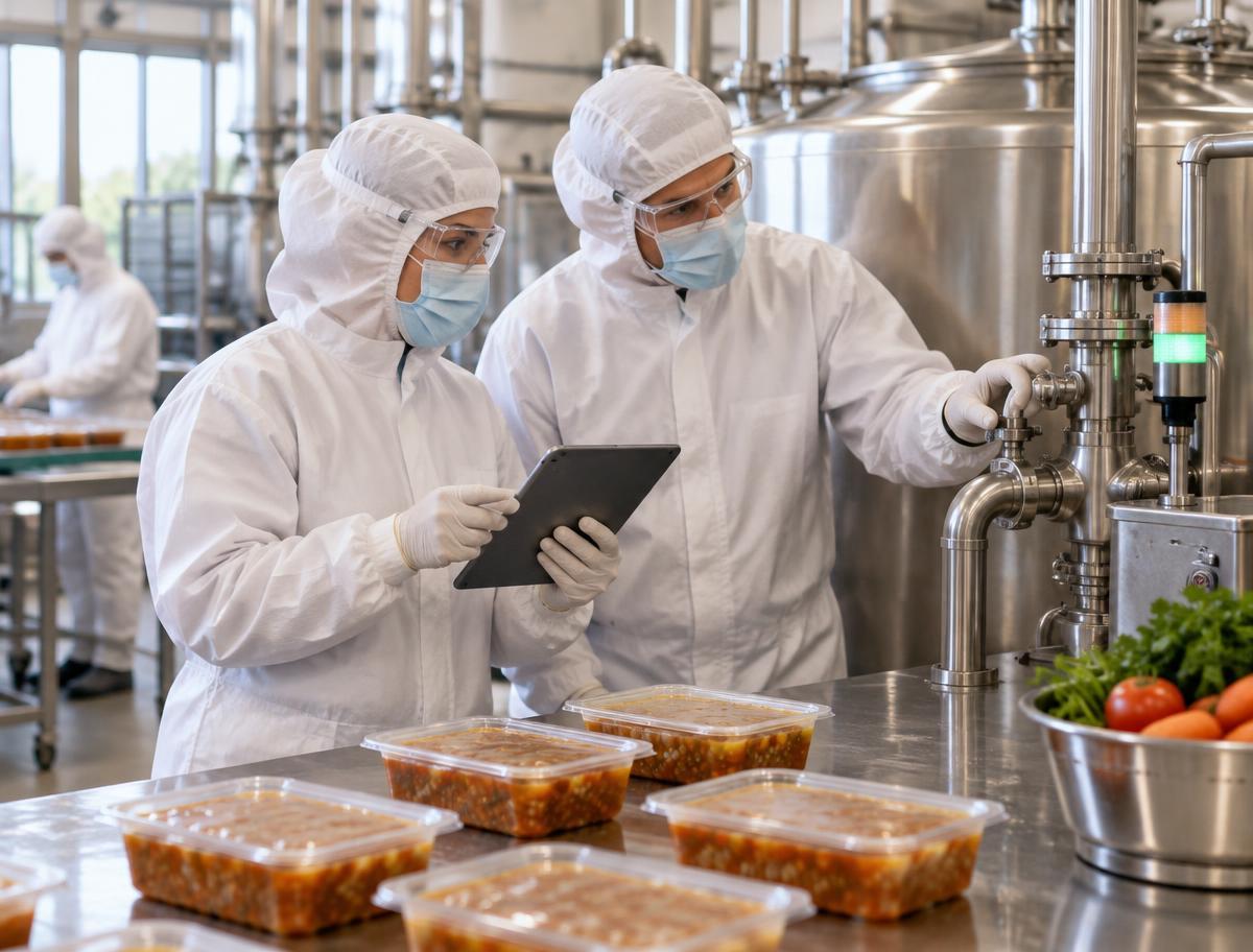 Food operations colleagues in hoods, masks, glasses and gloves checking kettle connections and readiness beside a tablet and sealed soup trays