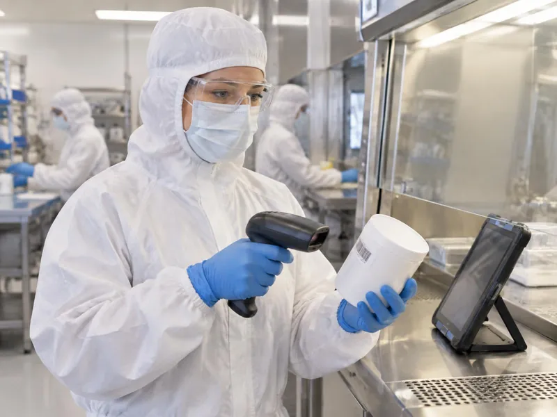 Technician in hooded coverall, mask, glasses and gloves scanning a sealed container beside a biosafety cabinet