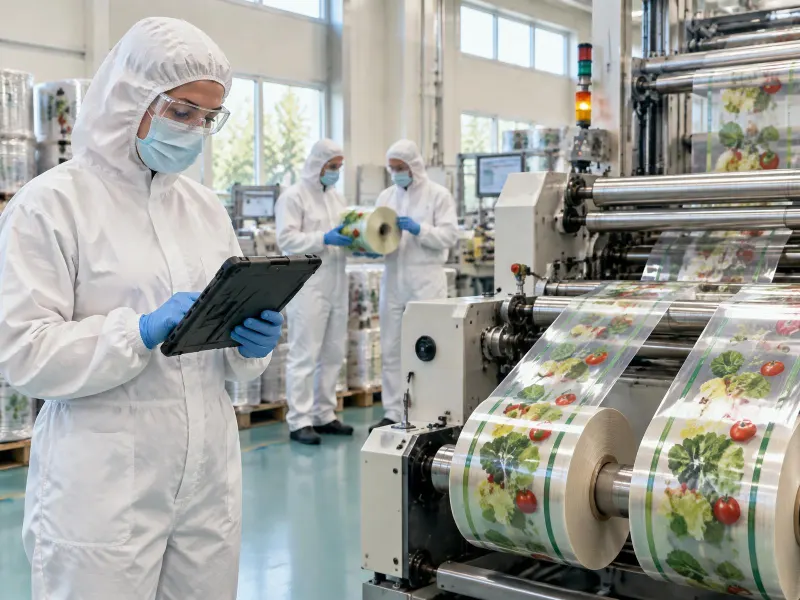 Operator in hooded coverall, mask, safety glasses and gloves checking a tablet beside a slitter producing two printed film rolls, two colleagues in full protective clothing inspecting a roll behind