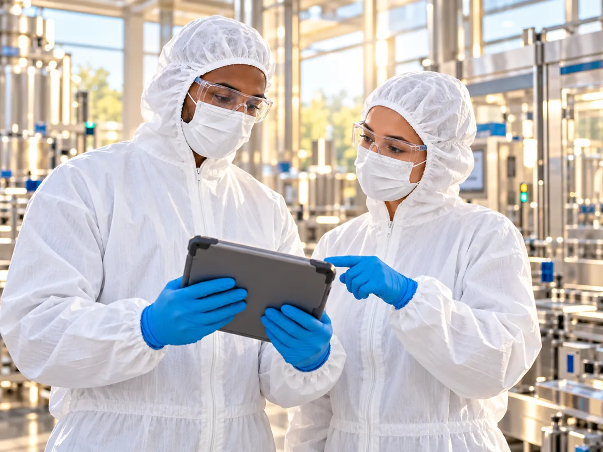 Quality reviewer in hood, mask, safety glasses and gloves checking records on a tablet in a production area