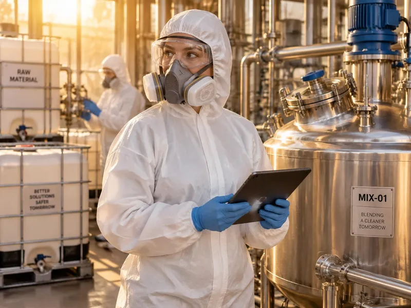 Operator in hooded coverall, respirator, goggles and gloves holding a tablet beside a stainless blending vessel