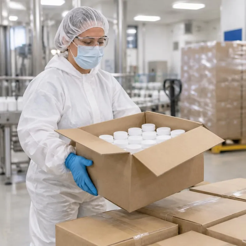 Packer in hair cover, mask, glasses, coverall and gloves lifting a carton of sealed supplement bottles