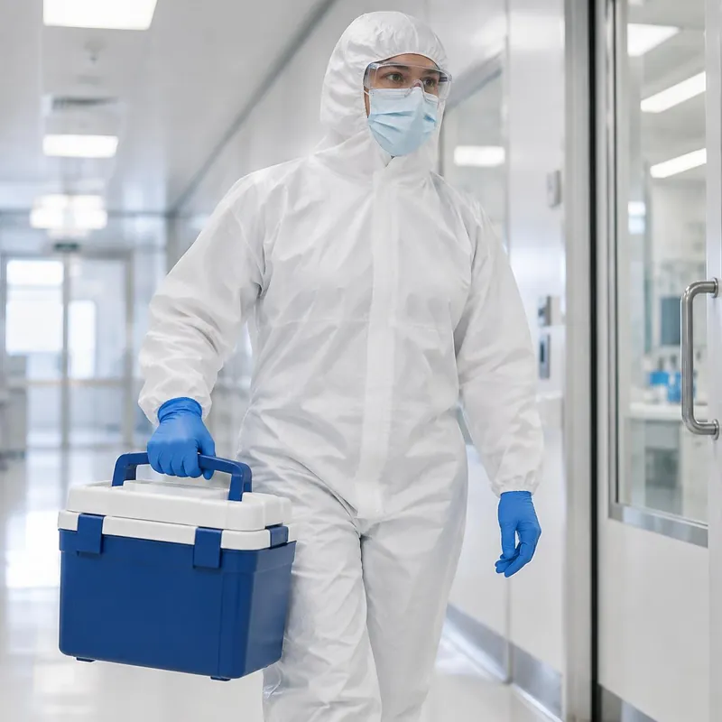 Technician in hooded coverall, mask, glasses and gloves carrying a sealed insulated transport container