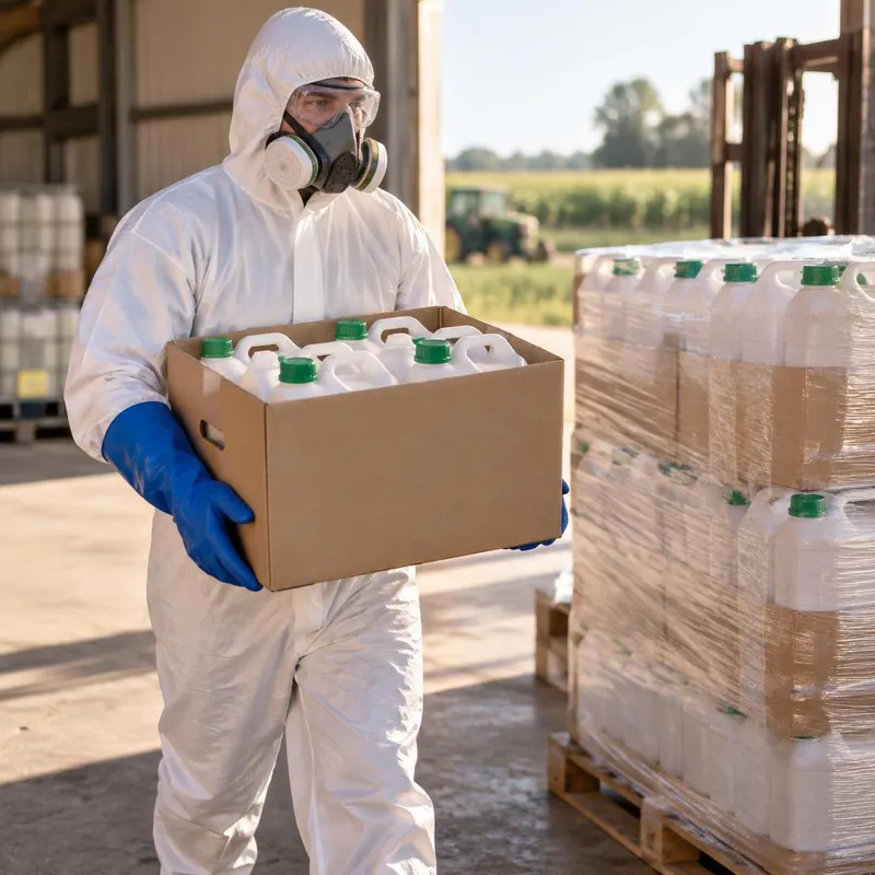 Operator in hooded coverall, respirator, goggles and gloves carrying a case of sealed jerrycans to a dispatch pallet