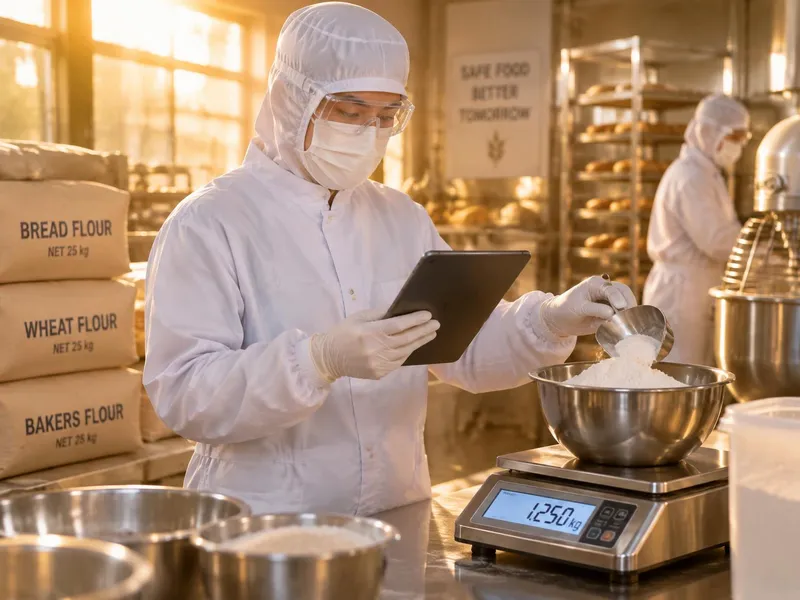 Baker in hood, mask, clear glasses, white coat and gloves weighing ingredients while reading a tablet