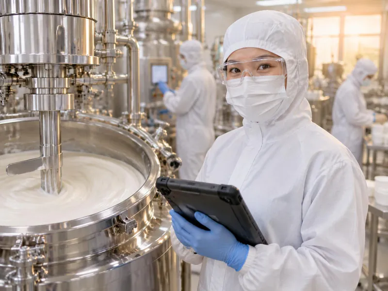 Operator in hooded coverall, mask, glasses and gloves holding a tablet beside an emulsifying mixer