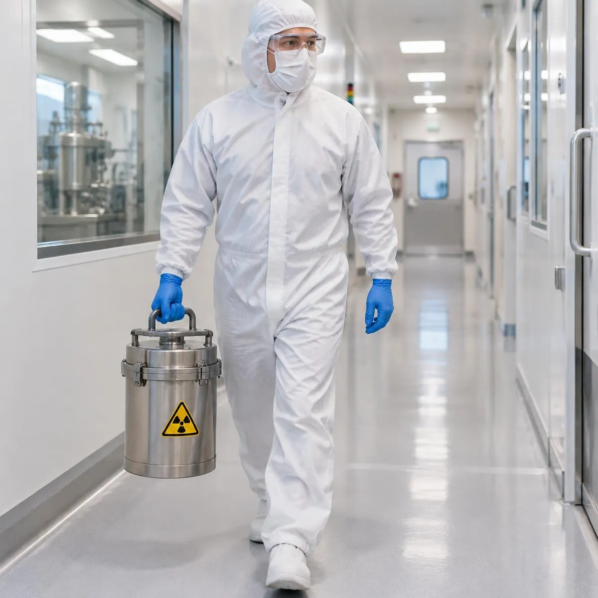 Worker in hooded white coverall, mask, safety glasses and blue gloves carrying a shielded container with a radiation symbol along a clean corridor