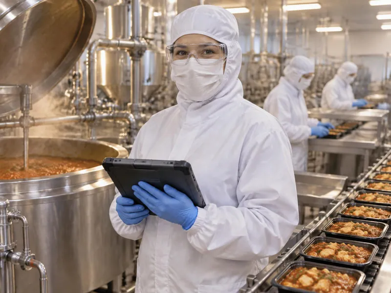 Operator in hooded coverall, mask, glasses and gloves holding a tablet beside a cooking kettle and ready meal trays