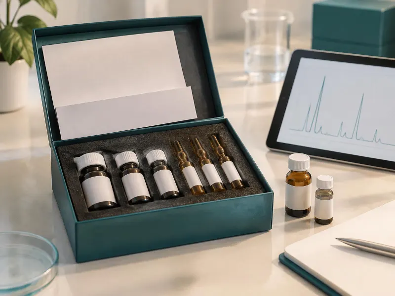 Rows of labelled amber ampoules and vials of analytical standards in trays on a cream bench