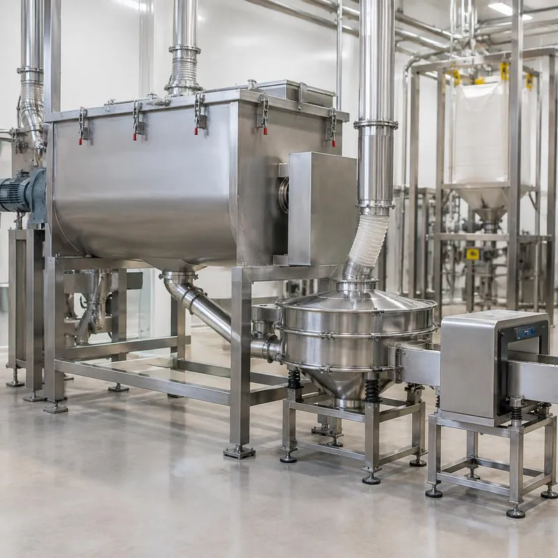 Closed ribbon blender feeding a sieve and inline metal detector