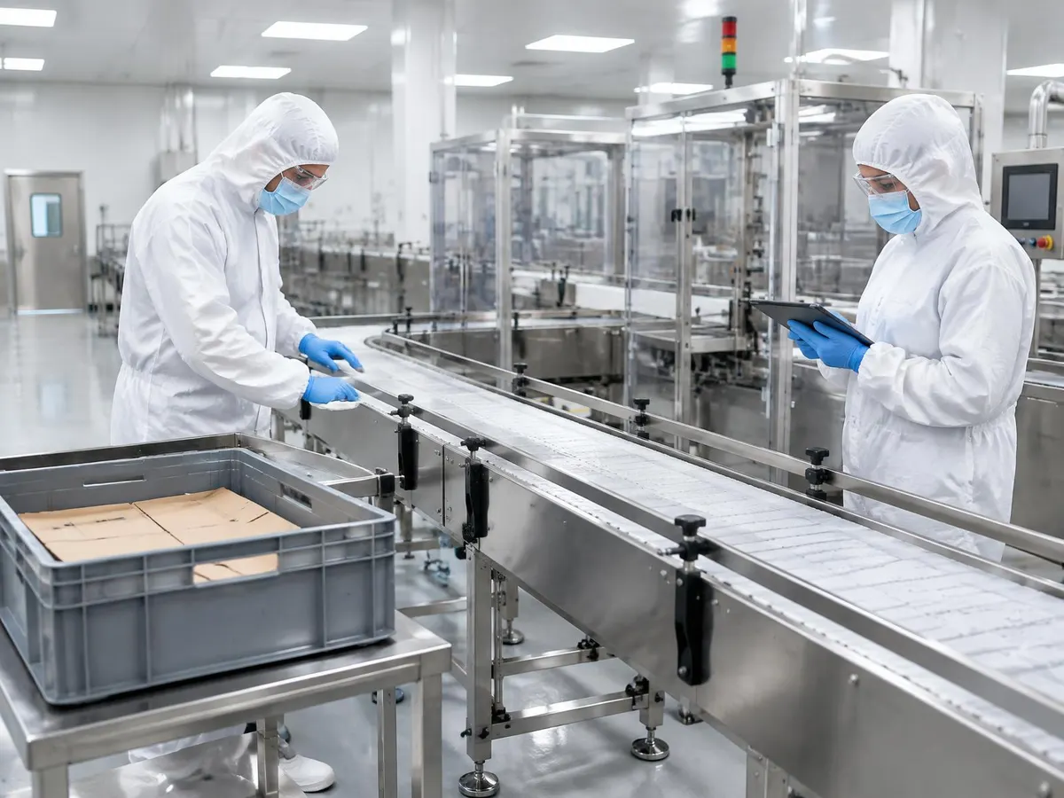 Two operators in hooded coveralls, face masks, safety glasses and blue gloves checking packs and a tablet beside a stainless conveyor in a clean production room