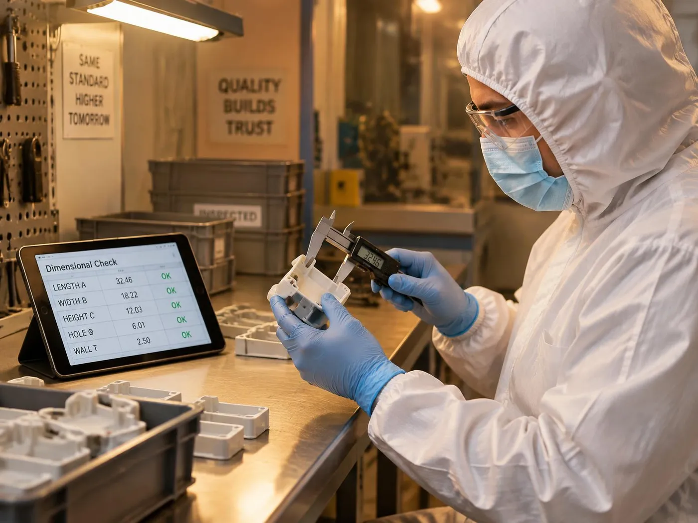 Quality technician in hood, face mask, safety glasses and blue gloves measuring a moulded plastic part with digital calipers beside a tablet showing a dimensional check
