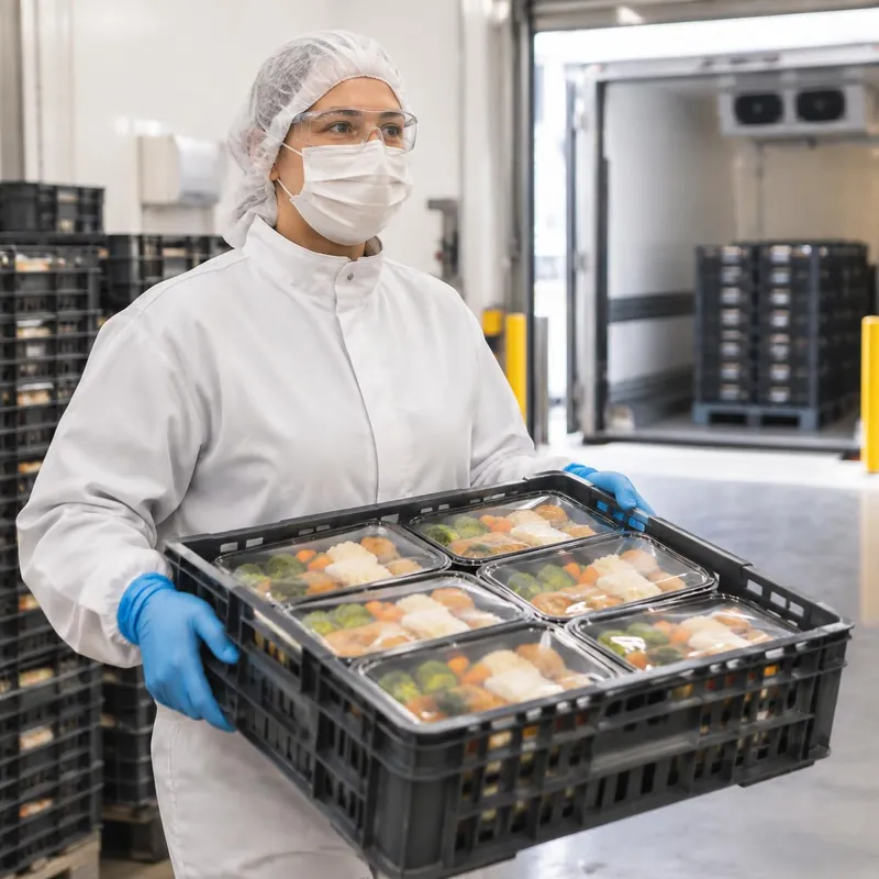Worker in hair cover, mask, glasses, coat and gloves carrying a crate of sealed meal trays to chilled dispatch