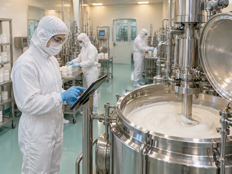 Operator in hooded coverall, mask, safety glasses and gloves checking a tablet beside a jacketed mixing vessel, colleagues in the same protective clothing behind