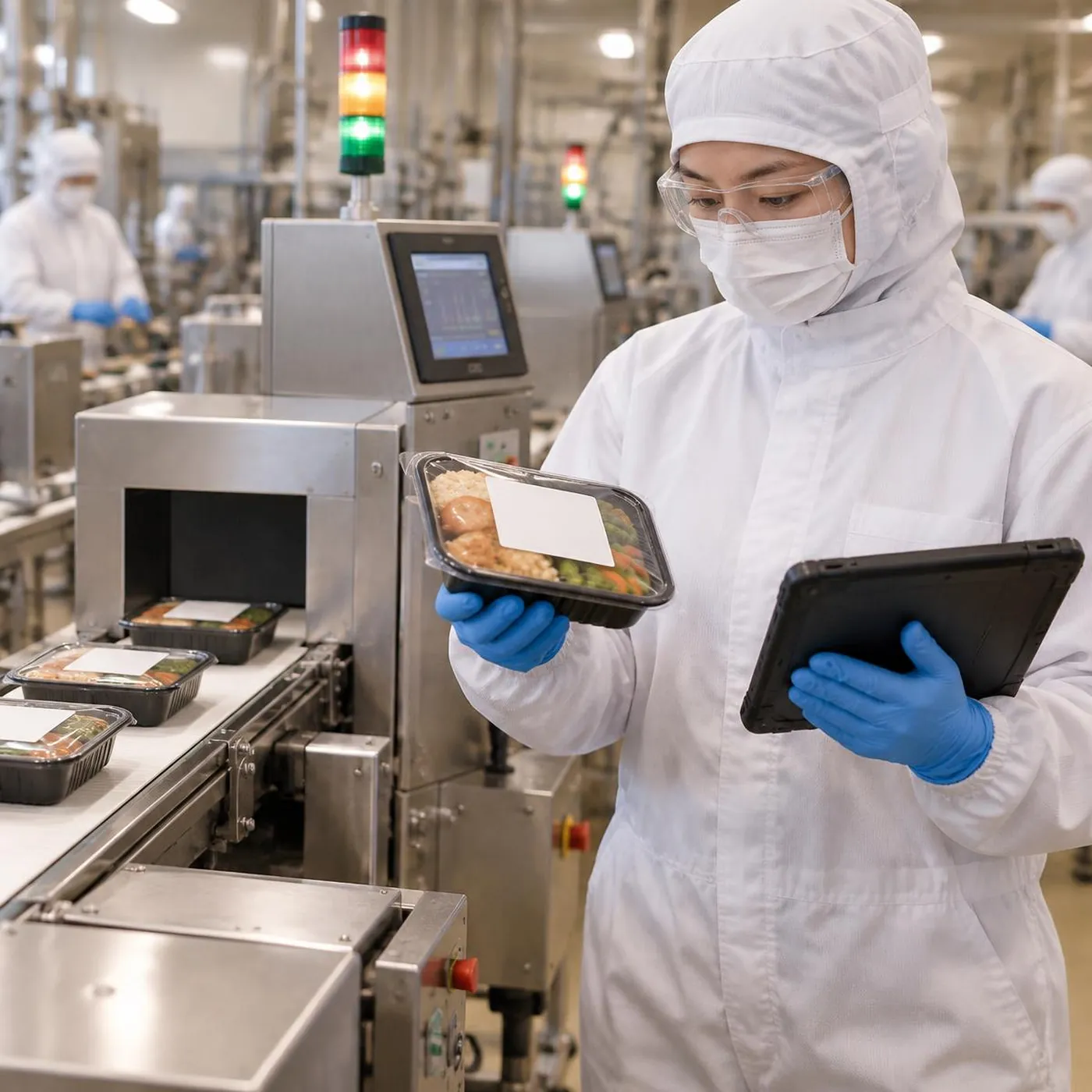 Packing operator in hood, mask, safety glasses, white coverall and blue gloves holding a sealed meal tray beside a tablet at an inspection conveyor, colleagues in the same protective clothing behind