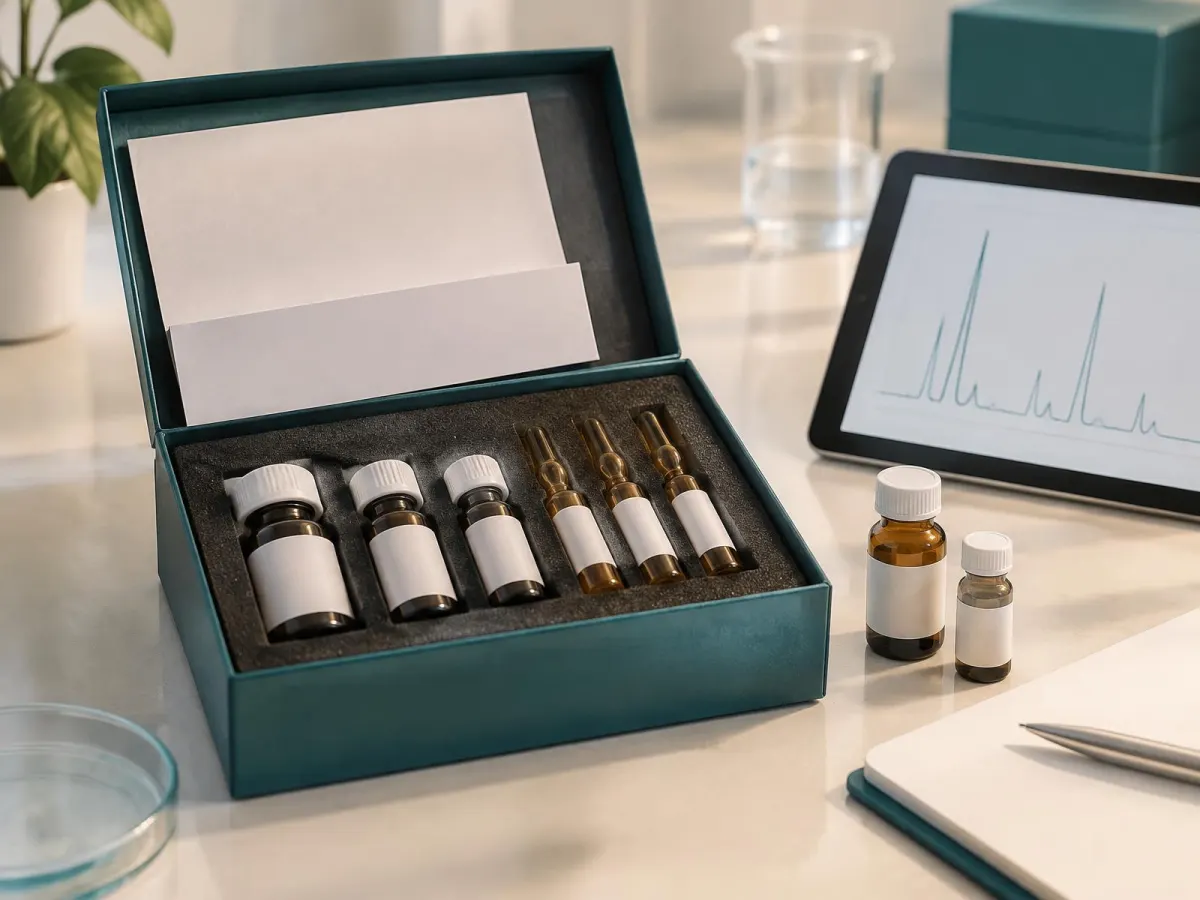 Kit of labelled amber vials and ampoules in a foam-lined box beside a tablet showing a chromatogram, no people in view