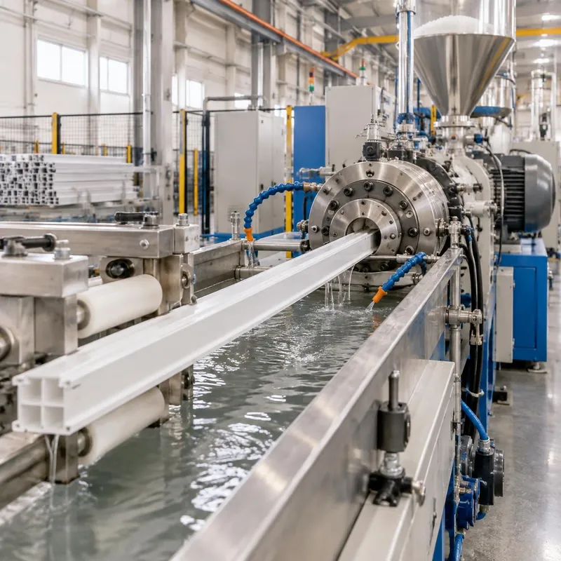 Plastic profile extrusion line with resin hopper and cooling bath